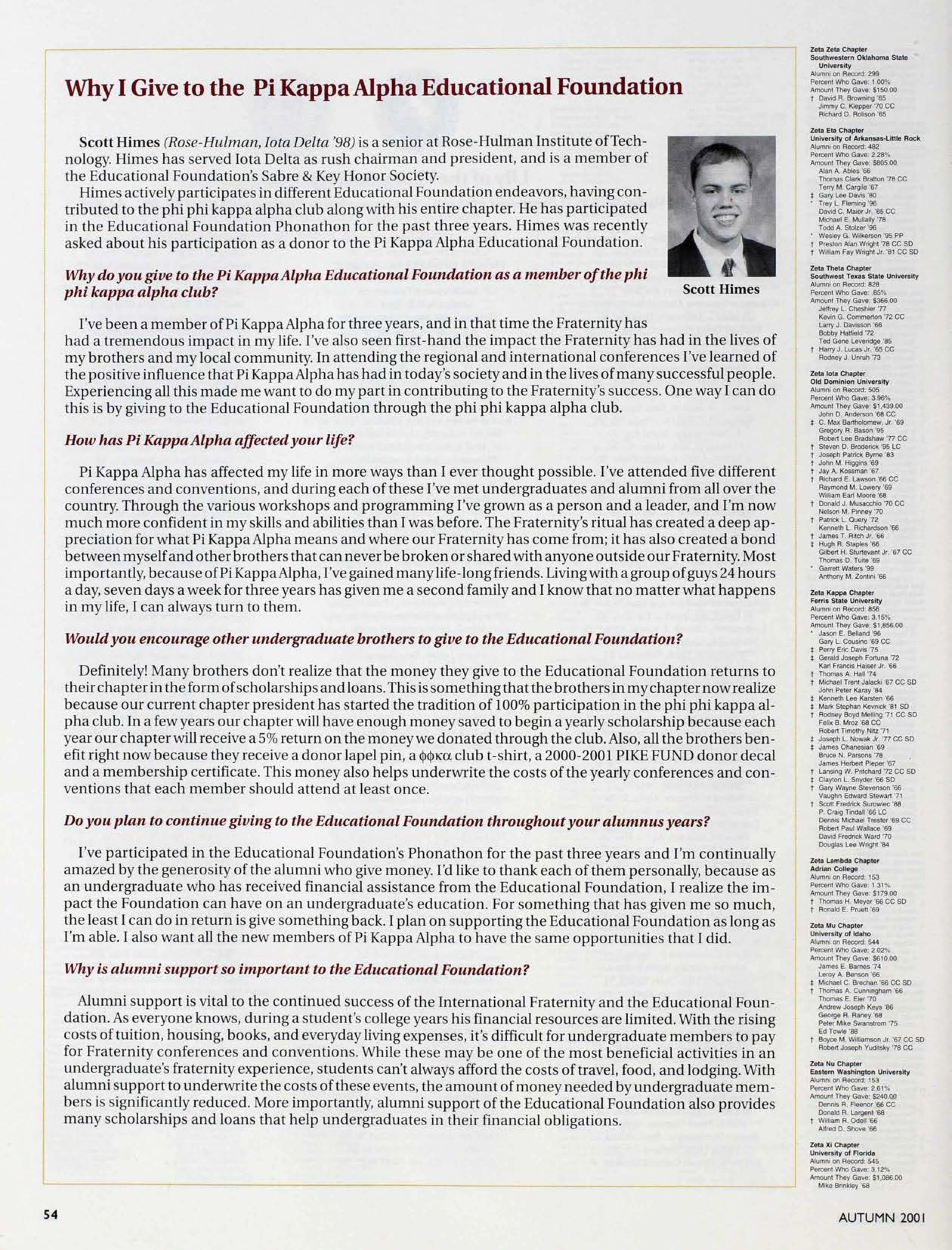Why I Give to the Pi Kappa Alpha Educational Foundation, Autumn 2001